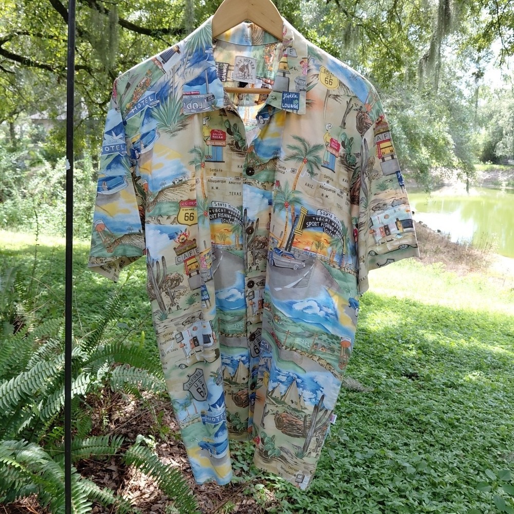 Max Boxxer Road Trip Route 66 Hawaiian Shirt L Vintage Cars Palms Button